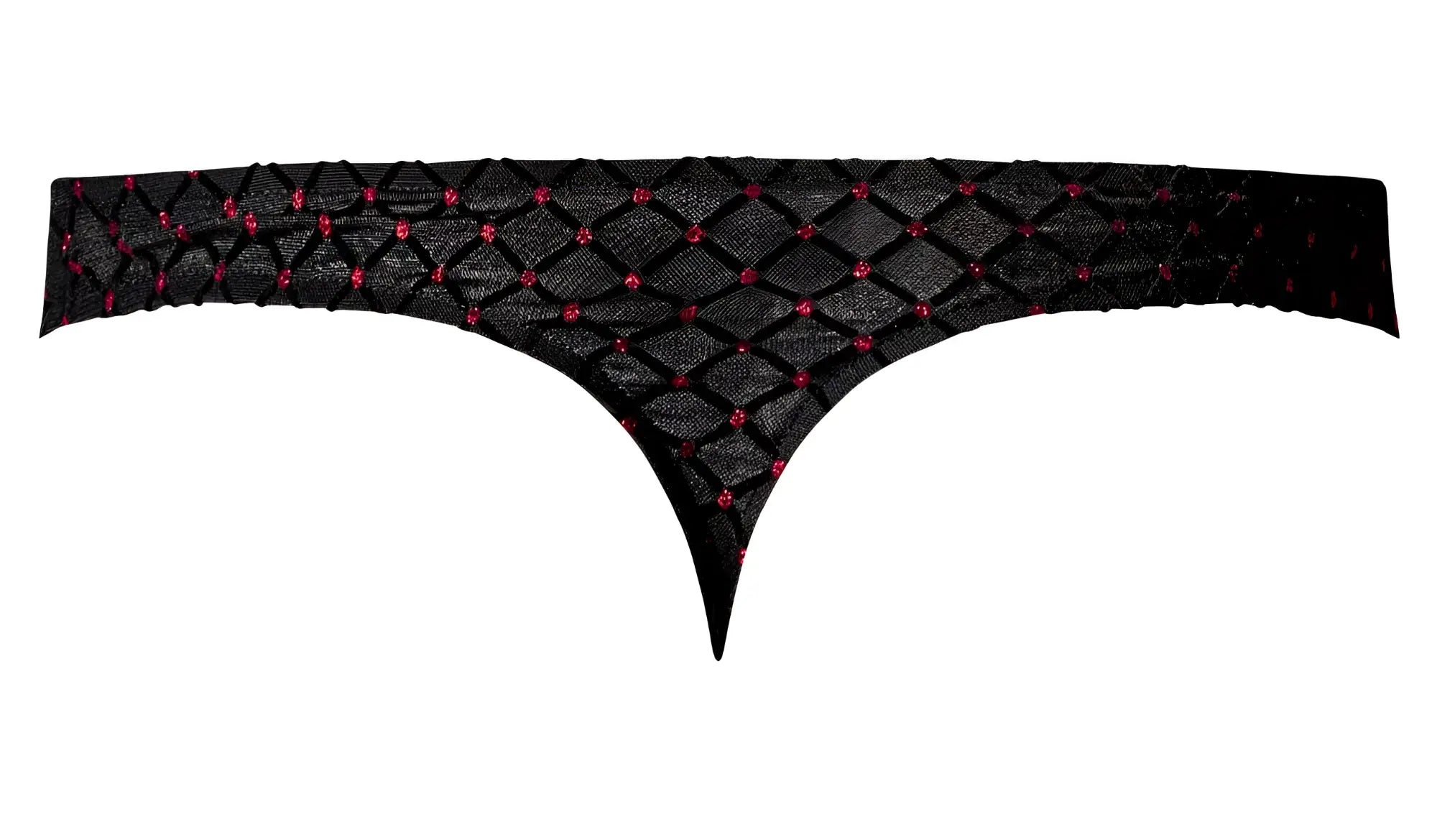 Male power 443-296 widow maker classic thong in black with diamond-patterned mesh and pink rhinestone accents back view
