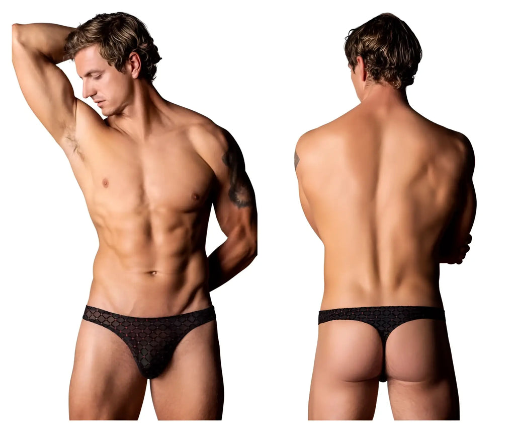 Black lace male power 443-296 widow maker classic thong with subtle geometric pattern in black color front view