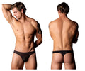 Black lace male power 443-296 widow maker classic thong with subtle geometric pattern in black color front view