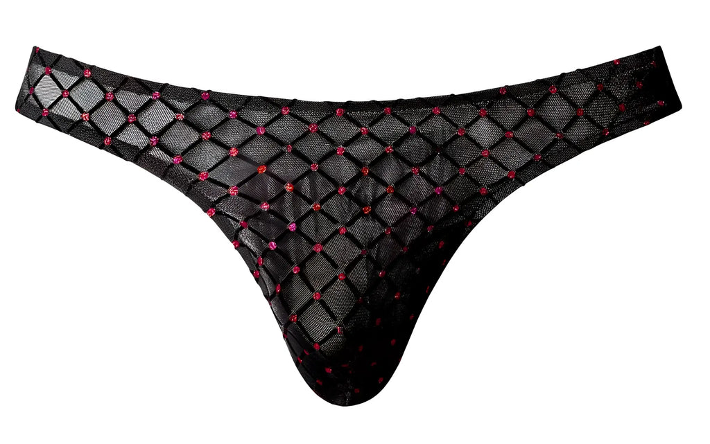 Male power 443-296 widow maker classic thong black sheer mesh with pink and red rhinestones diamond pattern