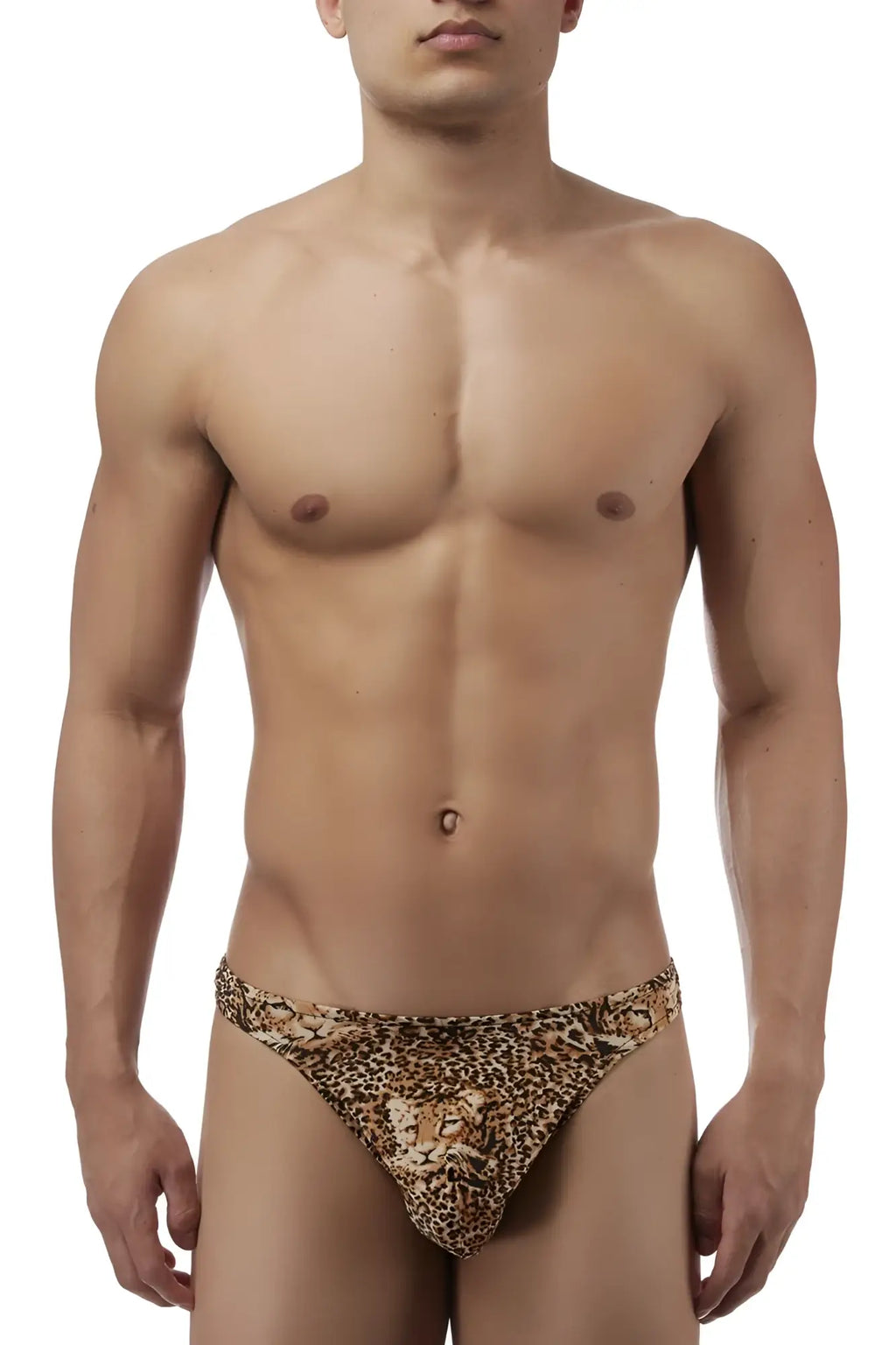 Male power 444030 animal wonder thong in brown with leopard print and central lion head design for men