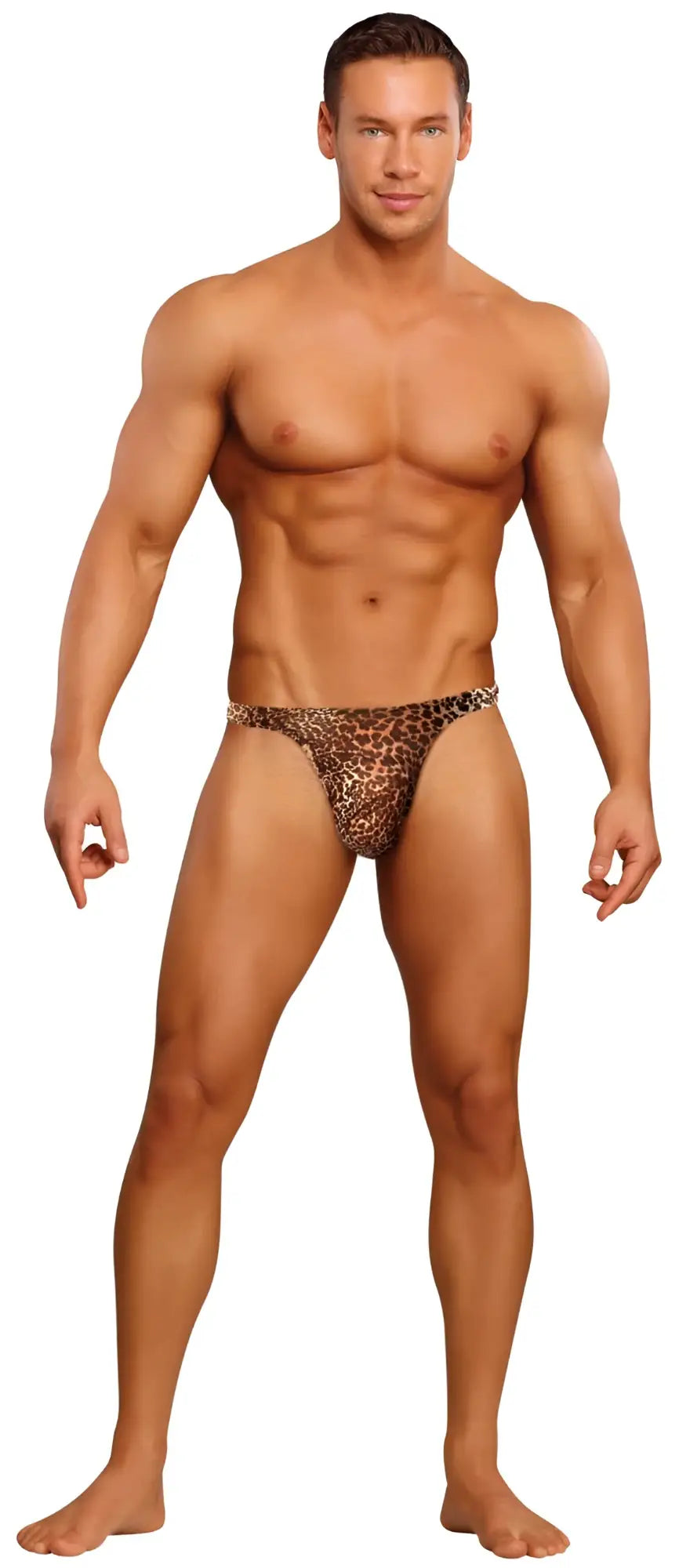 Male power 444030 animal wonder thong in brown leopard print fabric designed for bold and sexy underwear styles