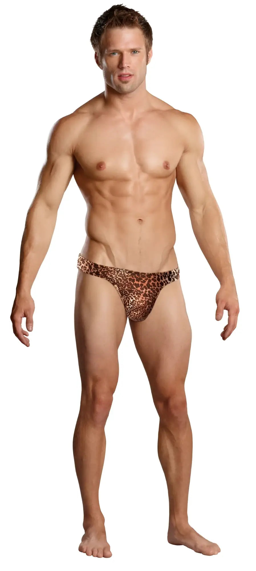 Male power 444030 animal wonder thong in brown leopard print fabric showing front view briefs design