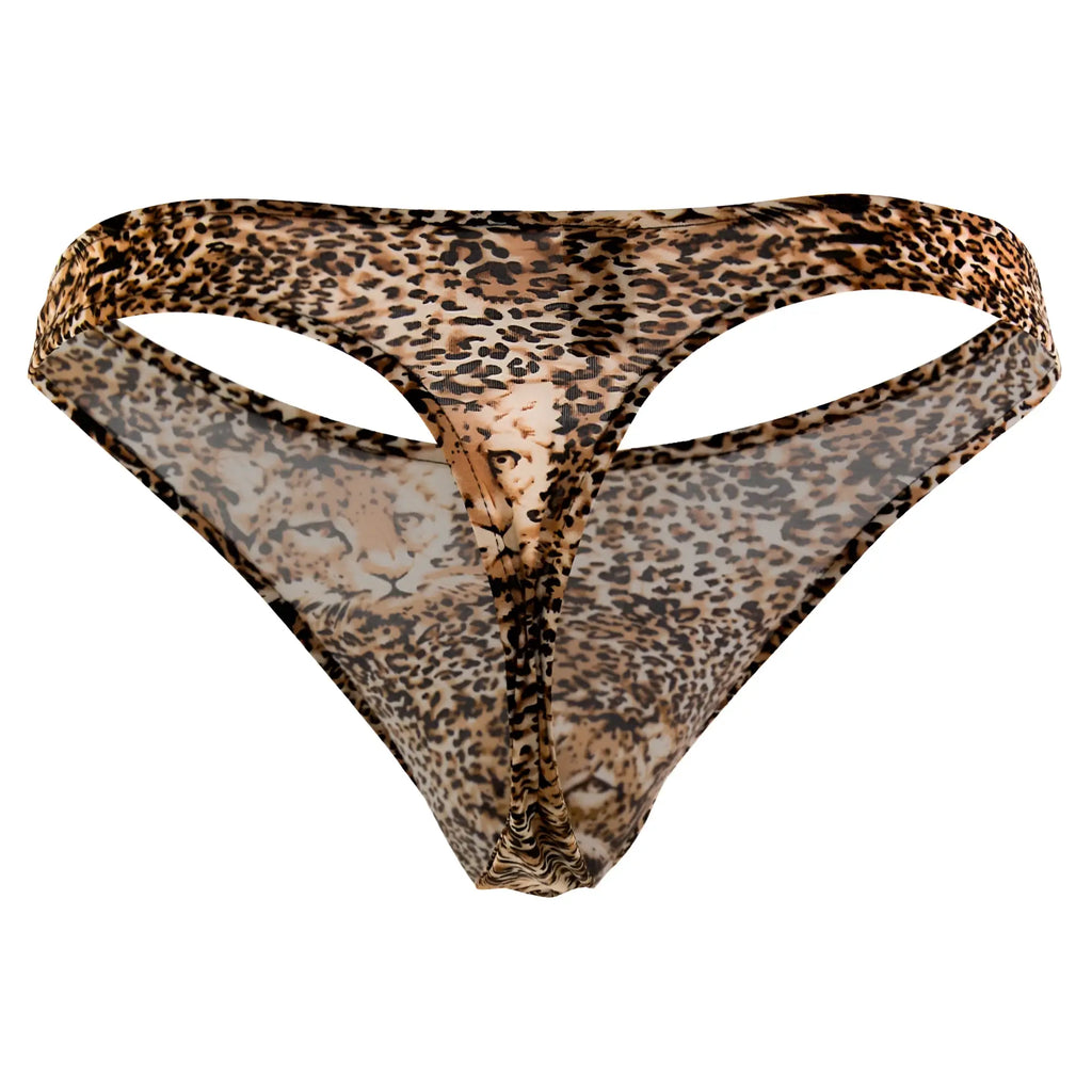 Male Power 444030 Animal Wonder thong in brown sheer leopard print with detailed cheetah face design on front