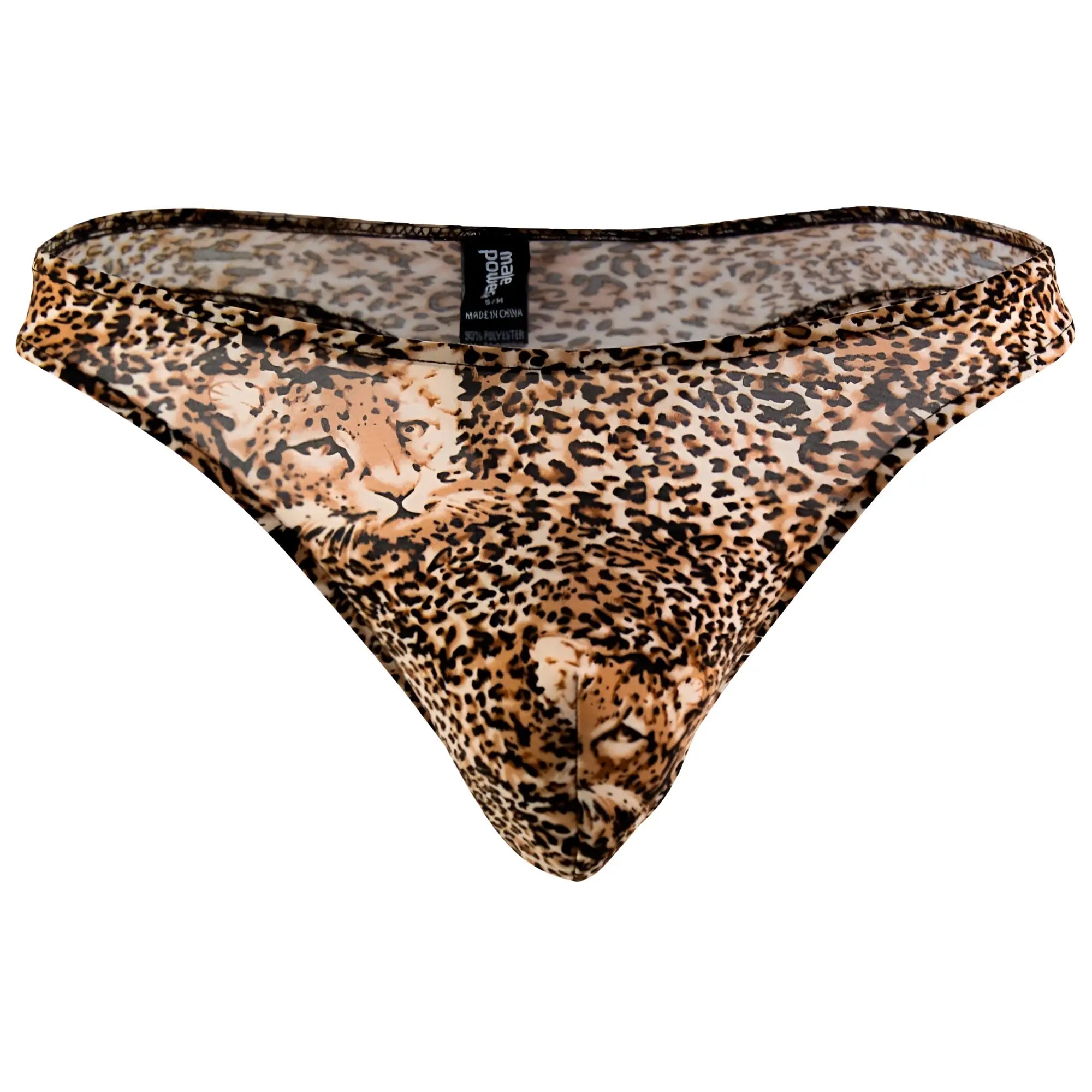 Male power 444030 animal wonder sheer brown leopard-print thong with detailed two leopard graphic in tan and black tones