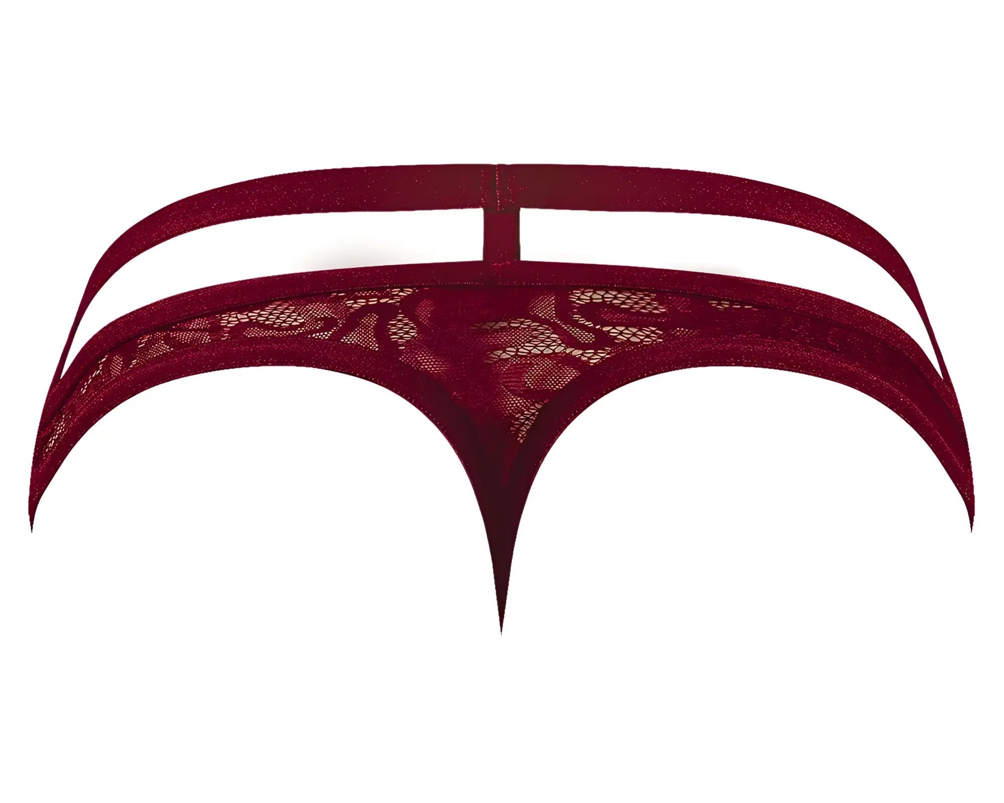 Male power 446-289 lucifer cut out strappy thong in burgundy deep red lace with floral pattern and supportive straps