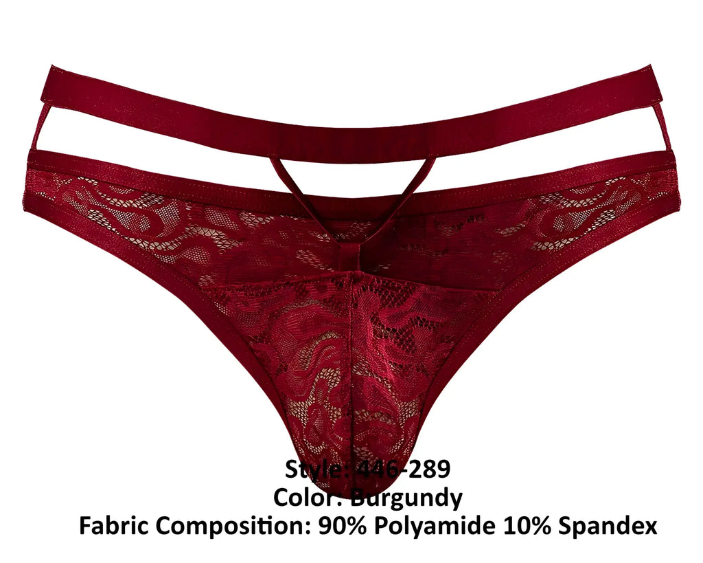 Burgundy lace thong male power 446-289 lucifer with cut out design and elastic waistband front view