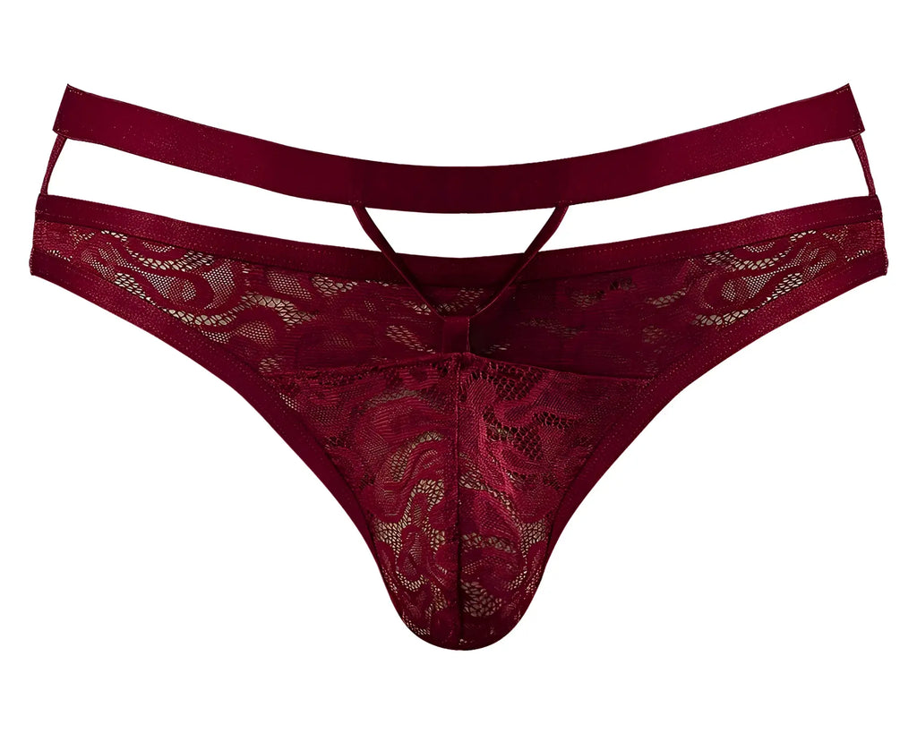 Male Power 446-289 Lucifer cut out strappy thong in burgundy with maroon lace and satin waistband front view