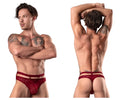 Male power 446-289 lucifer burgundy red lace thong with decorative pattern and thin elastic waistband front view