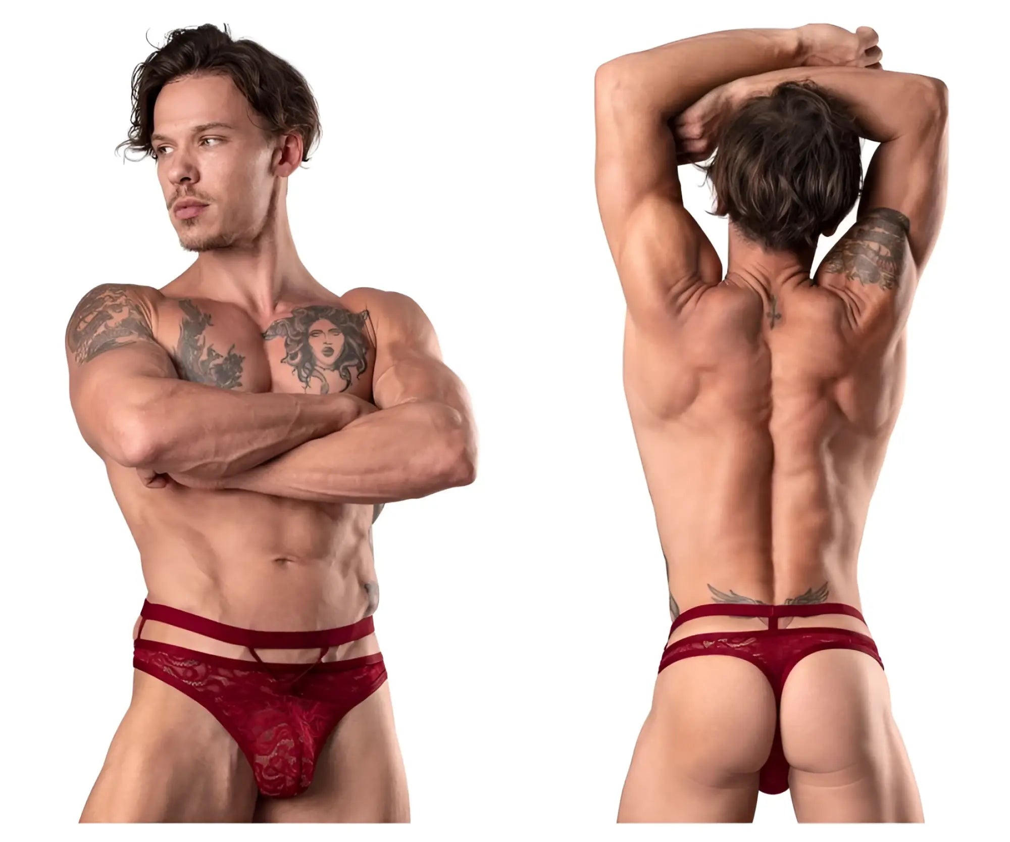 Male power 446-289 lucifer burgundy red lace thong with decorative pattern and thin elastic waistband front view