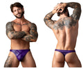 Male power 447-302 eggplant crossover thong in plum satin briefs with sleek shiny finish and subtle diagonal seam design