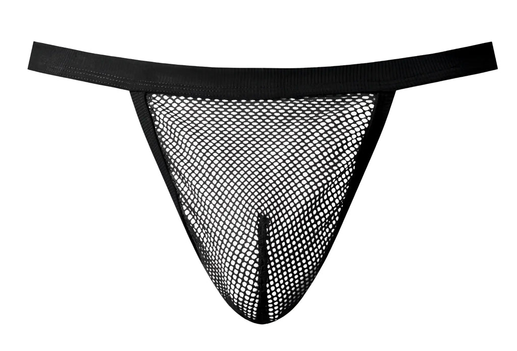 Male Power 449-11C fishnet black thong with solid elastic waistband showing front side design details