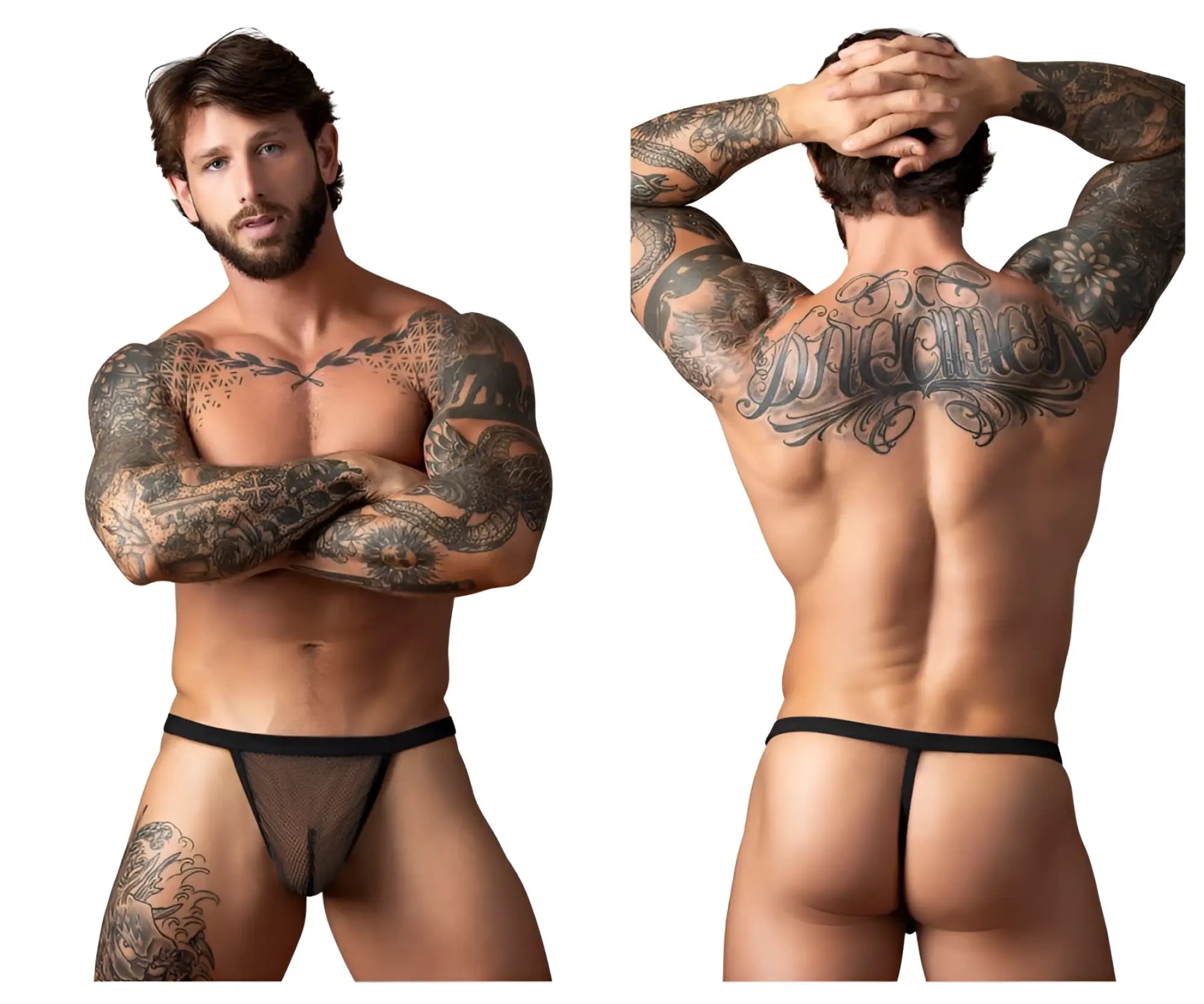 Male power 449-11c fishnet 2 g-string in black with solid black waistband showing front side of mesh thong