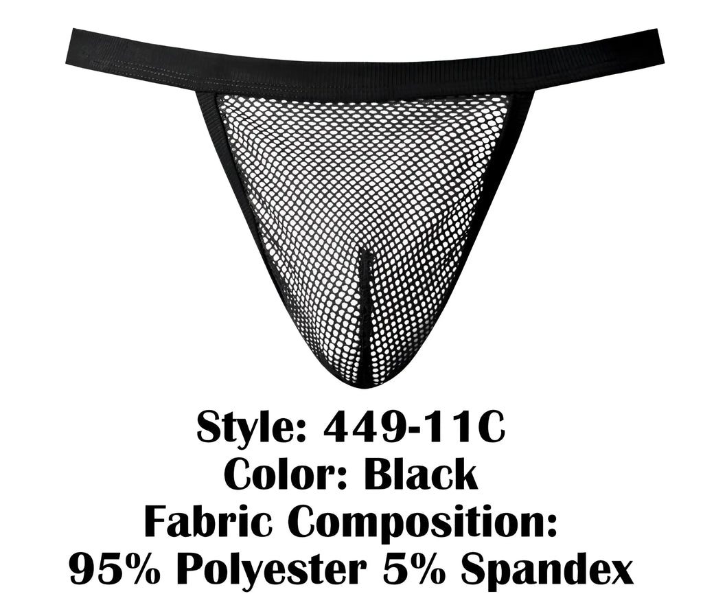 Black mesh thong with solid black waistband made from 95 polyester 5 spandex male power 449-11c g-string