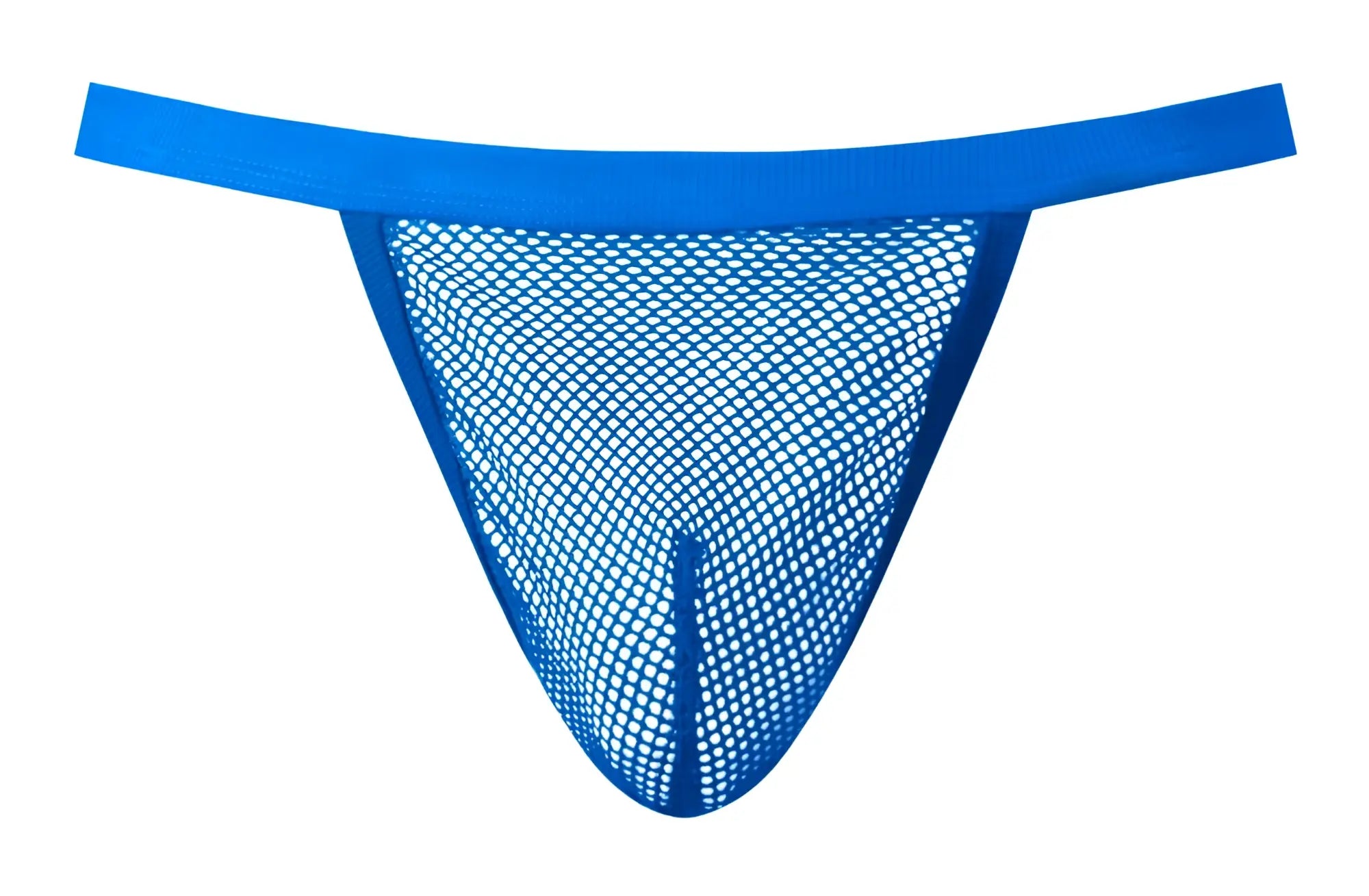 Male power 449-11c fishnet 2 g-string in royal blue bright mesh with solid elastic waistband shown from front