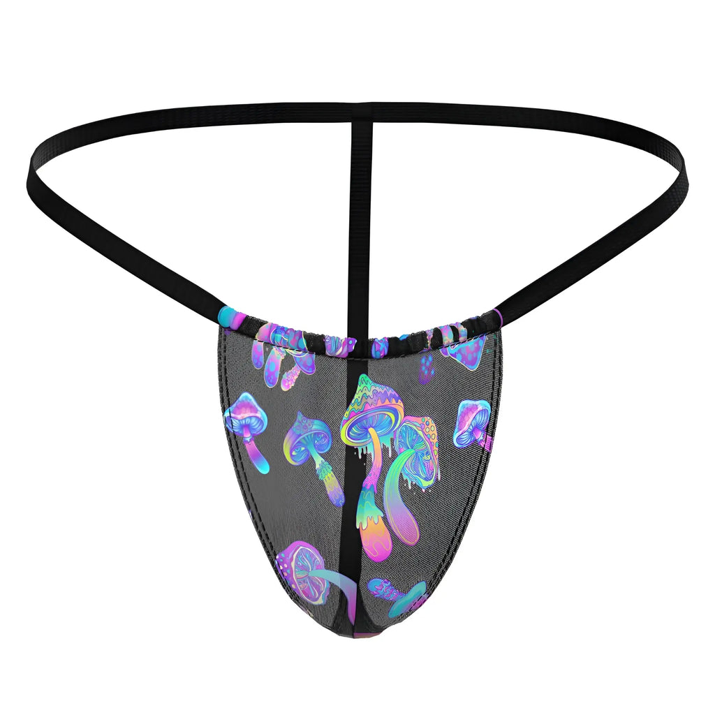 Male power 450-294 hazy dayz posing strap black mesh thong with vibrant iridescent purple blue and pink mushroom pattern