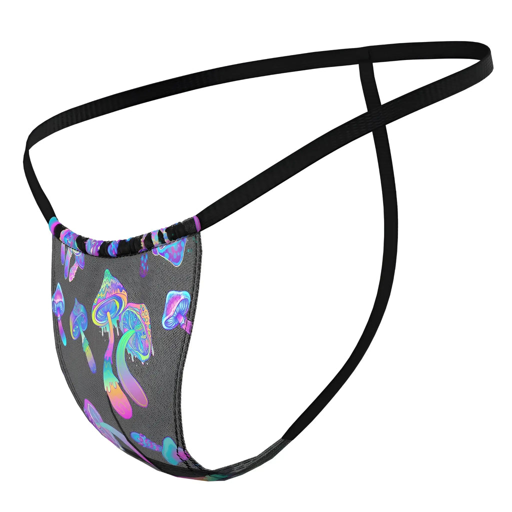 Black mesh thong with vibrant iridescent purple blue and pink mushroom pattern male power 450-294 hazy dayz posing strap