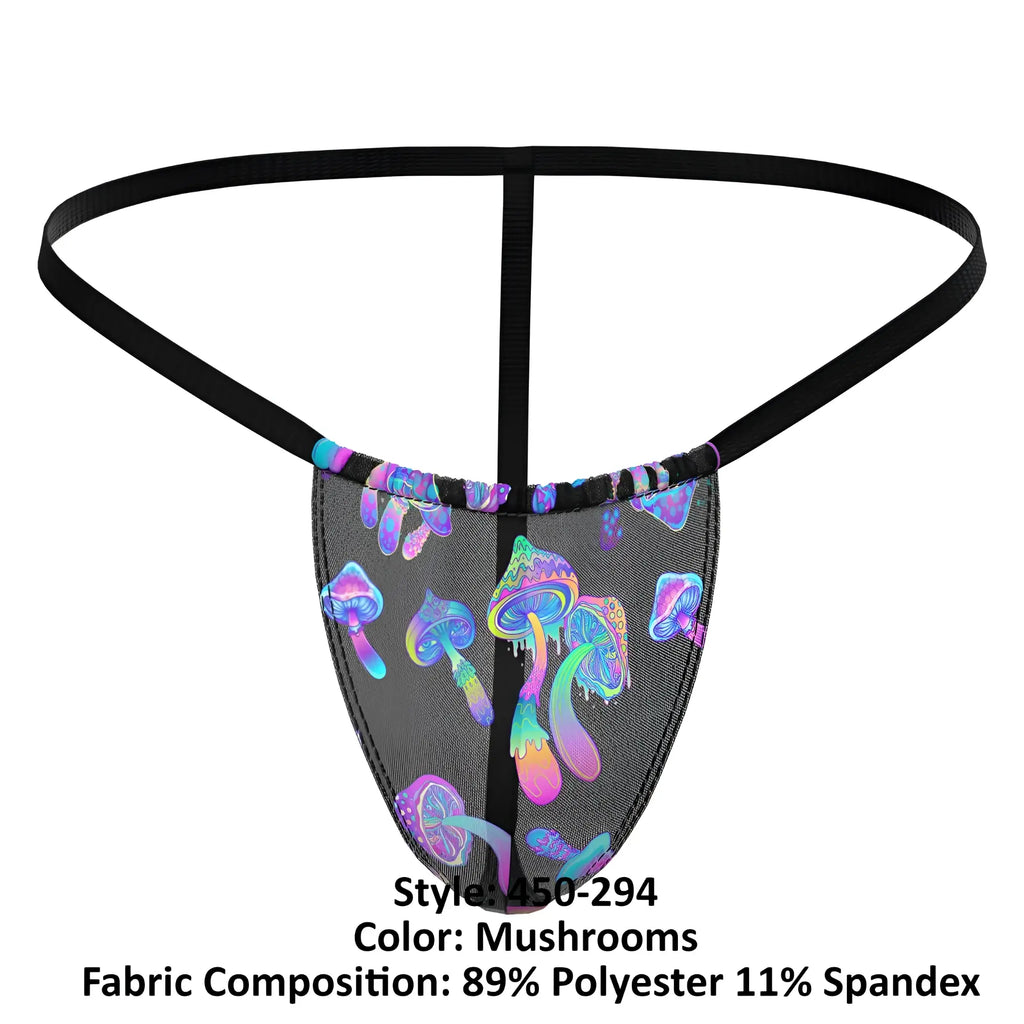 Black mesh thong posing strap by Male Power featuring vibrant iridescent purple blue and pink mushroom pattern