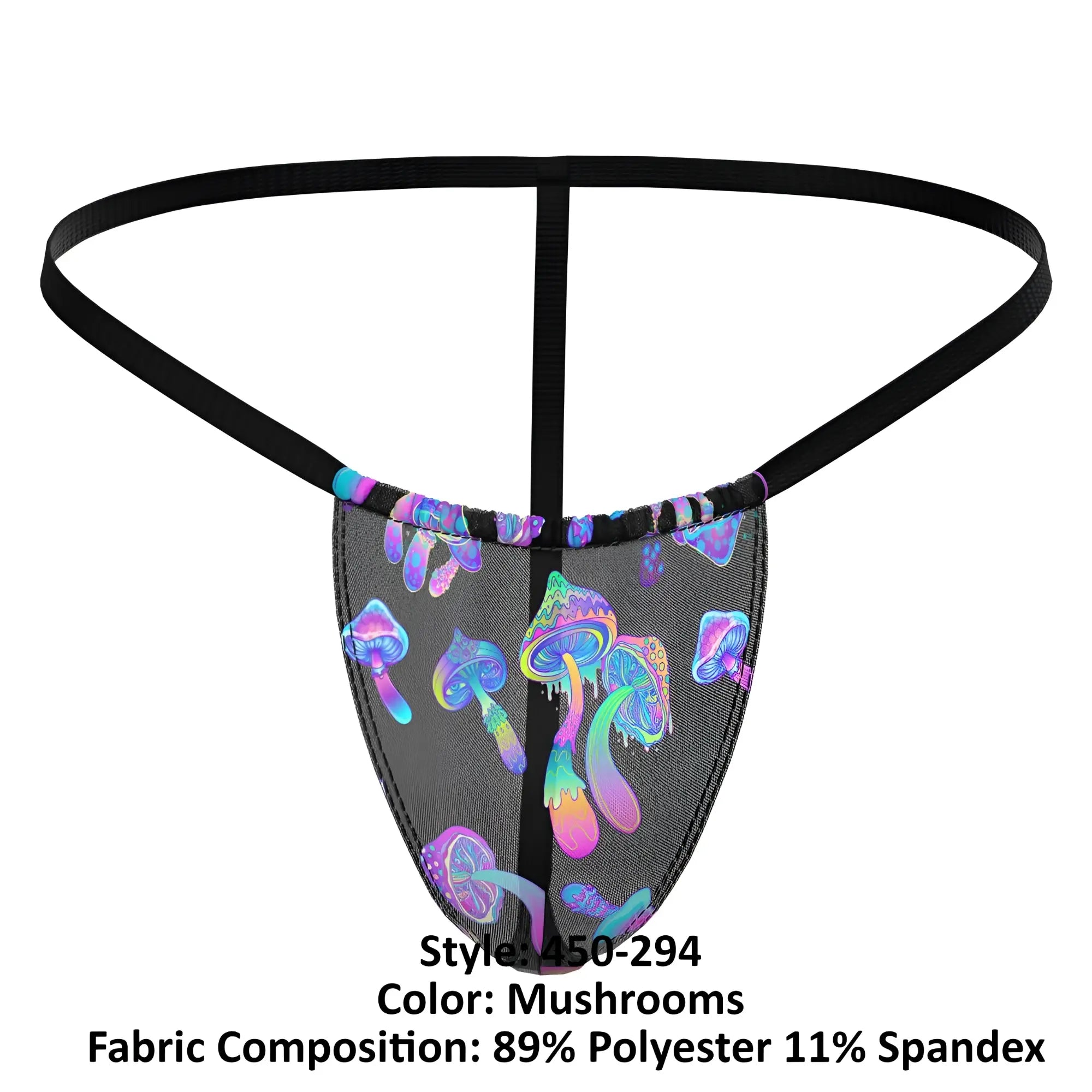 Black mesh thong posing strap by Male Power featuring vibrant iridescent purple blue and pink mushroom pattern