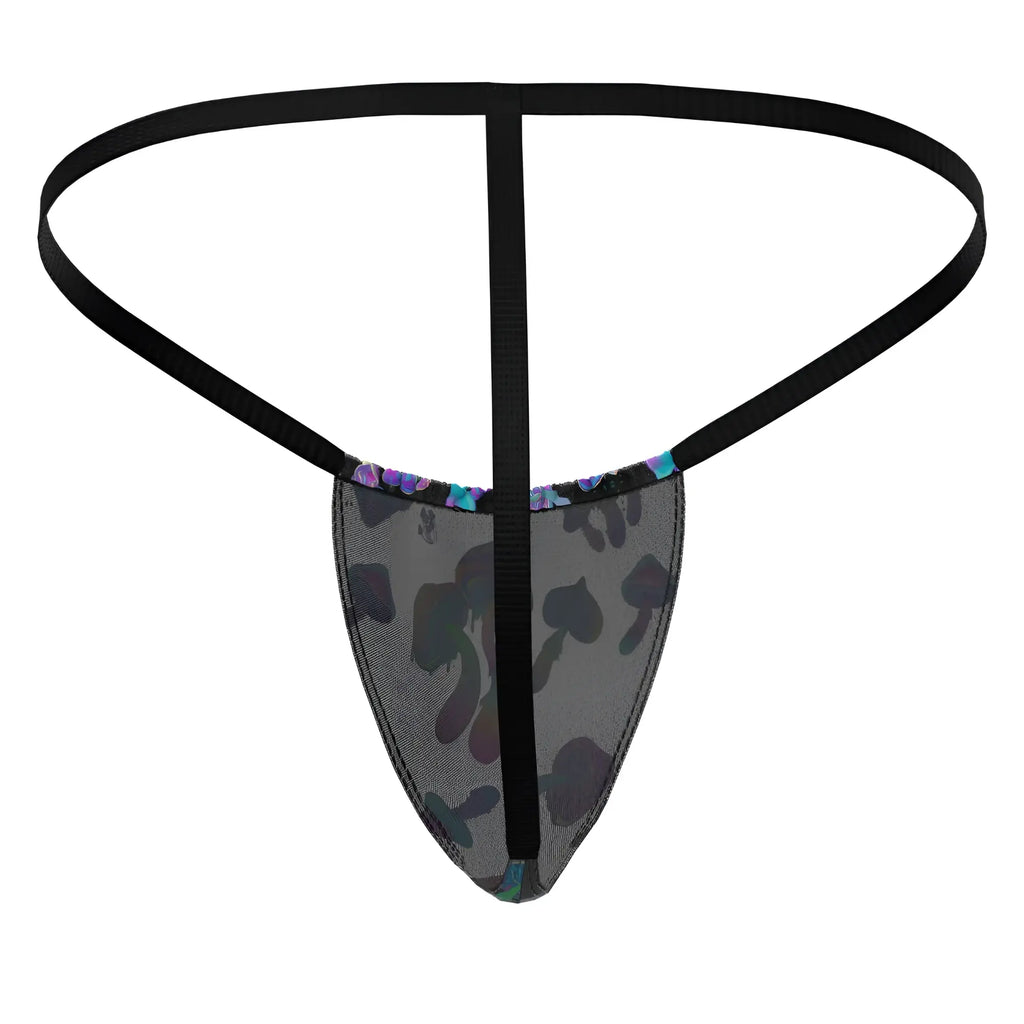 Male Power 450-294 Hazy Dayz black mesh thong with subtle mushroom pattern and iridescent trim posing strap