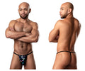 Black thong posing strap with vibrant blue purple and green floral pattern by male power model 450-294 hazy dayz