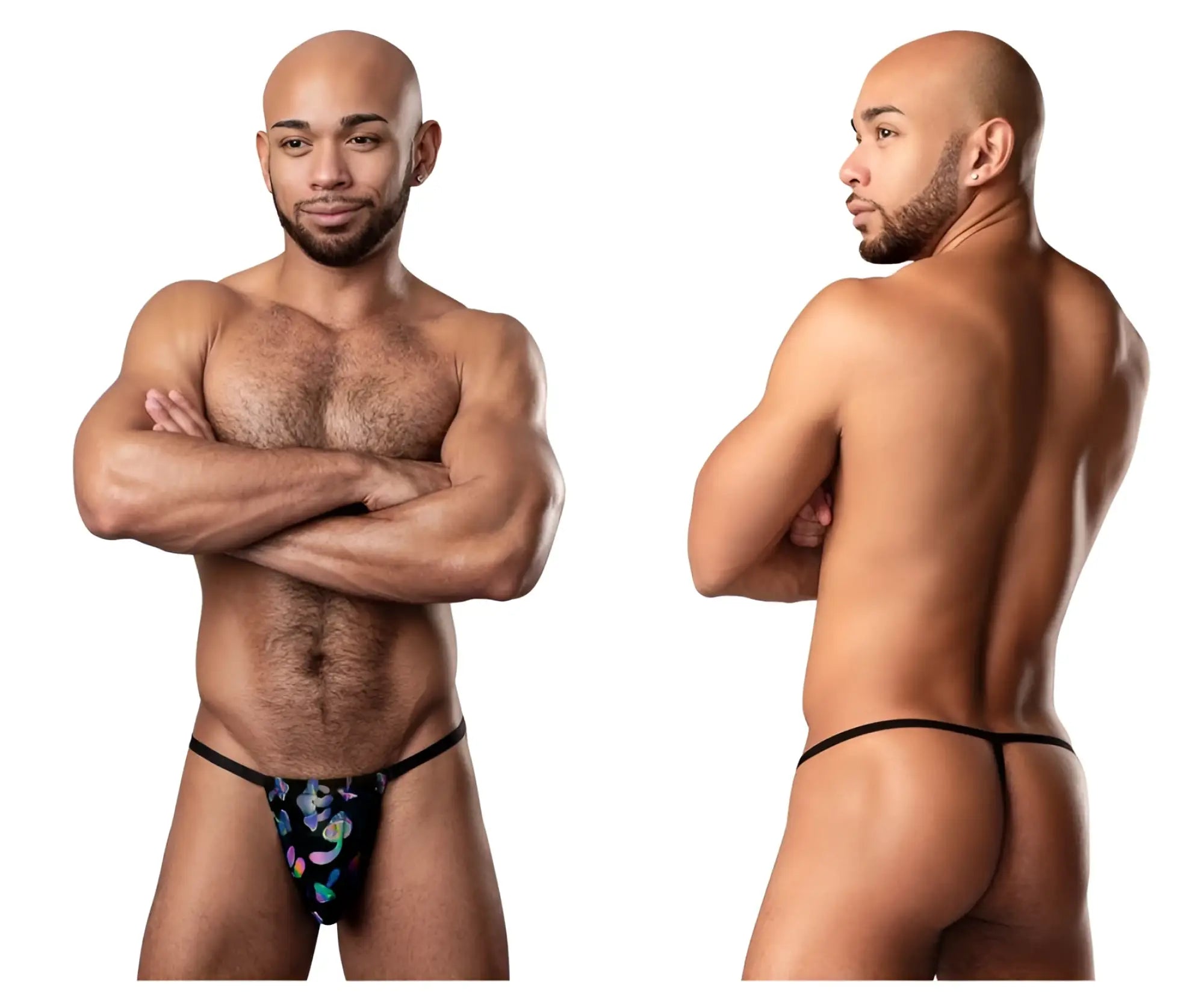 Black thong posing strap with vibrant blue purple and green floral pattern by male power model 450-294 hazy dayz