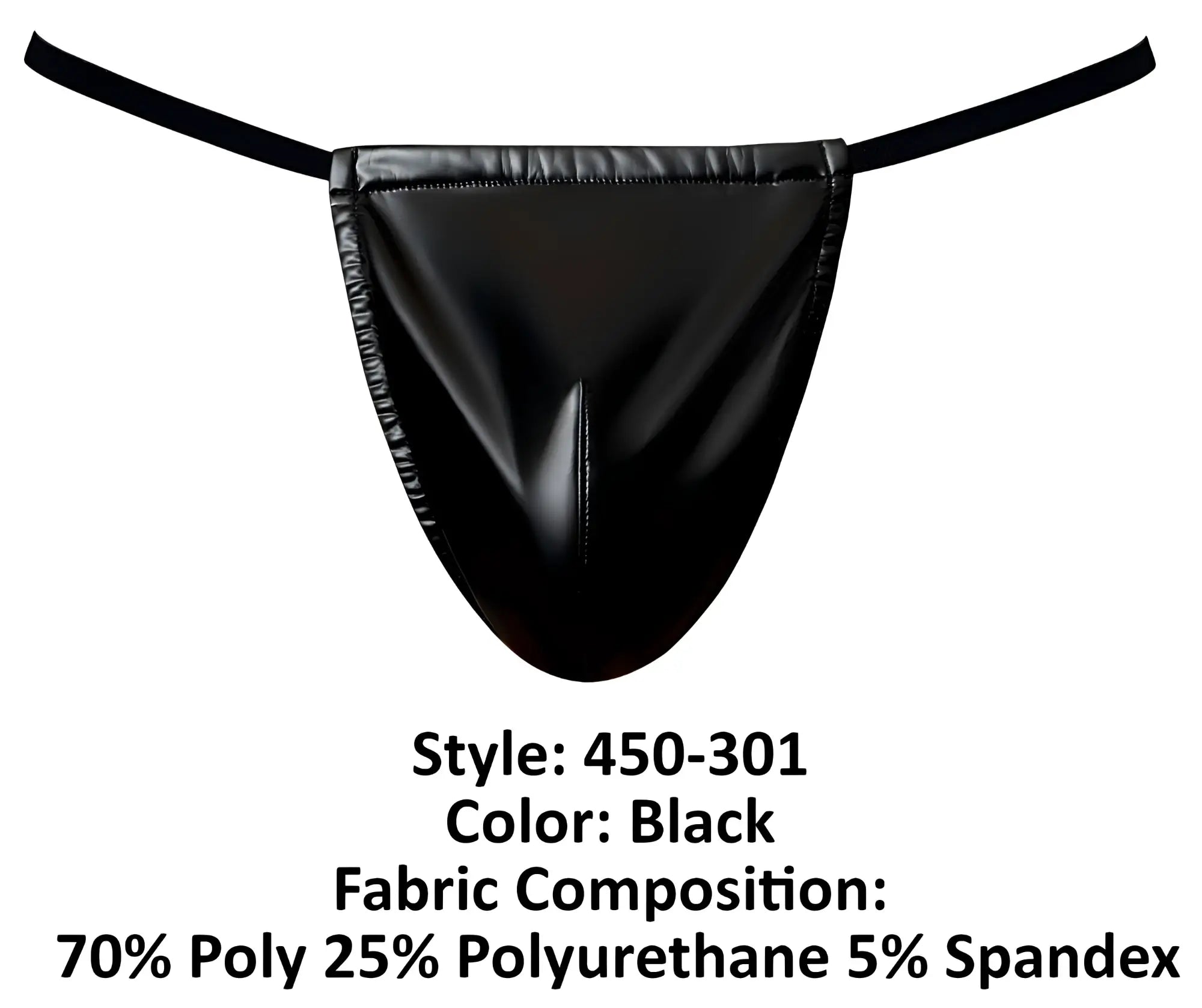 Black glossy faux leather thong g-string with thin elastic straps and central seam detail by male power