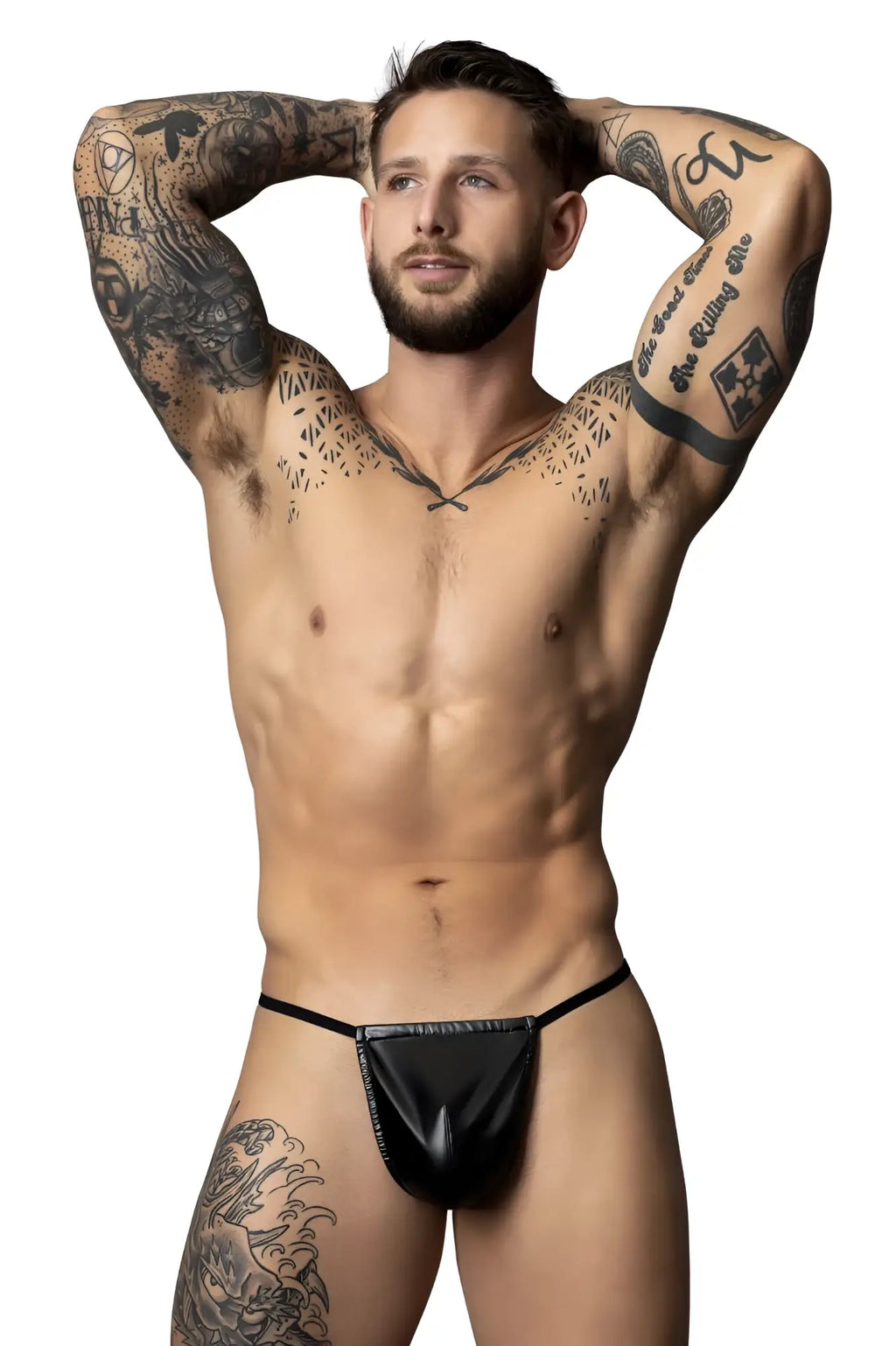 Black leather thong g-string with central zipper closure from male power liquid onyx 2.0 collection