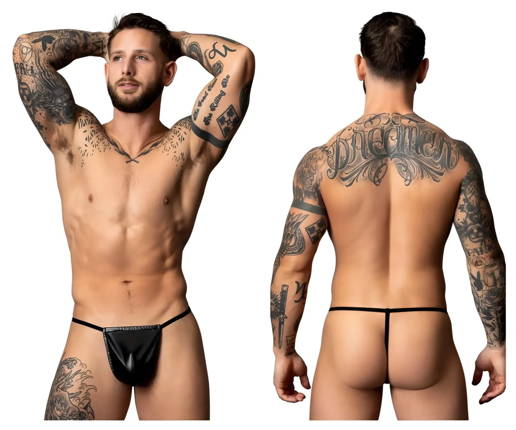 Male power 450-301 liquid onyx 2.0 black leather thong with small front pouch and thin straps