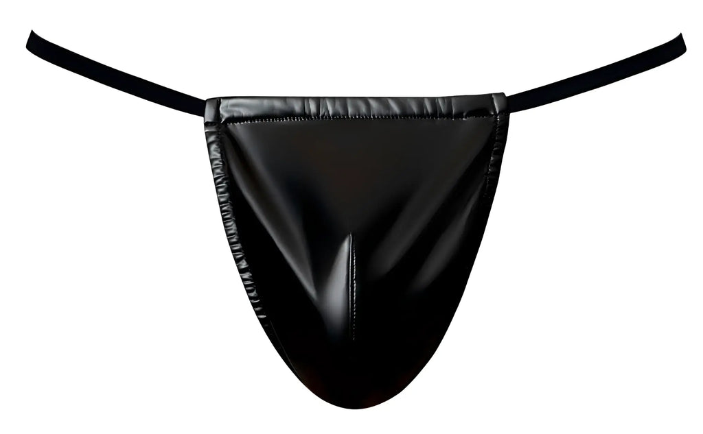 Male power 450-301 liquid onyx 2.0 g-string in black patent leather with thin elastic straps thong front view