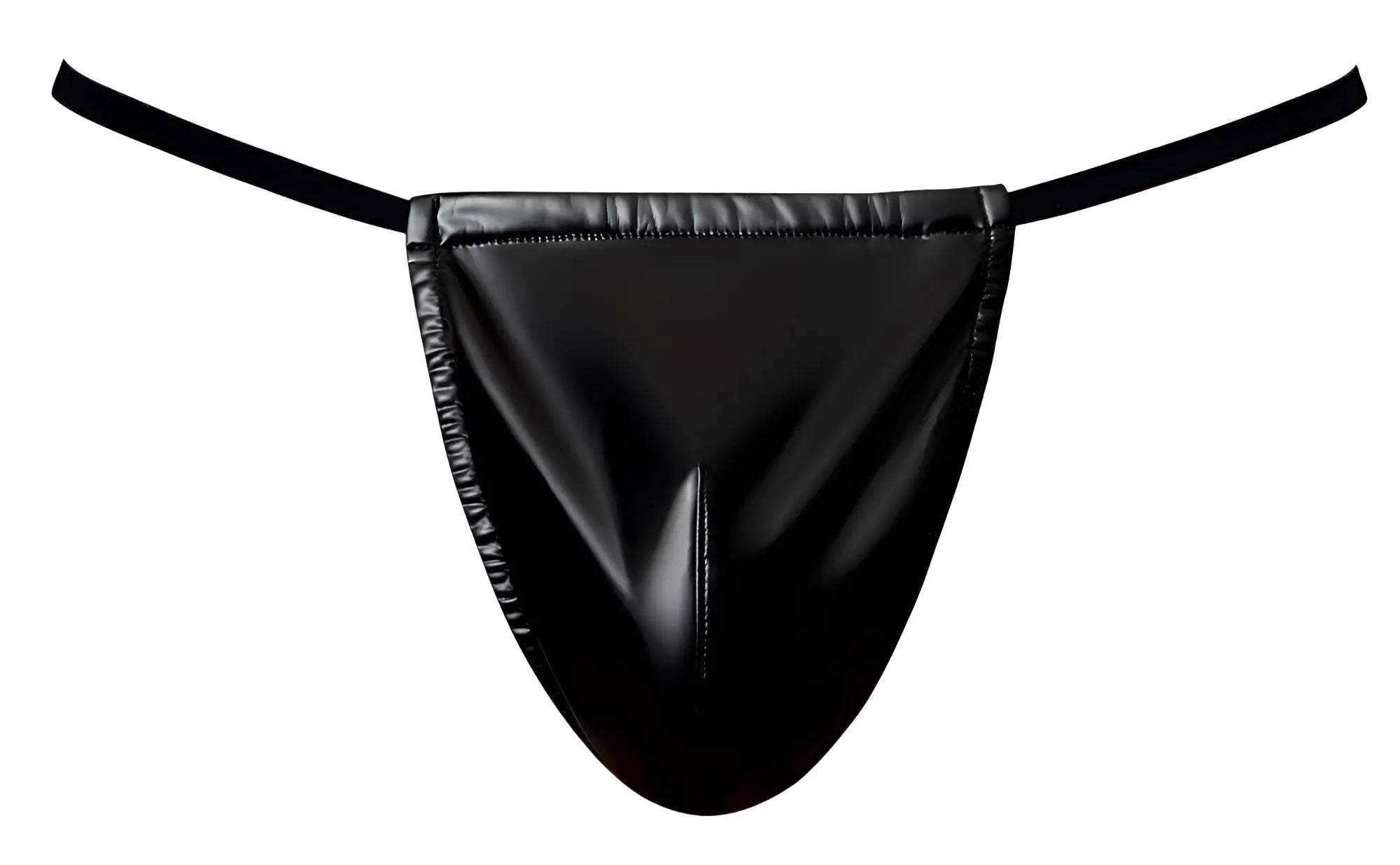 Male power 450-301 liquid onyx 2.0 g-string in black patent leather with thin elastic straps thong front view