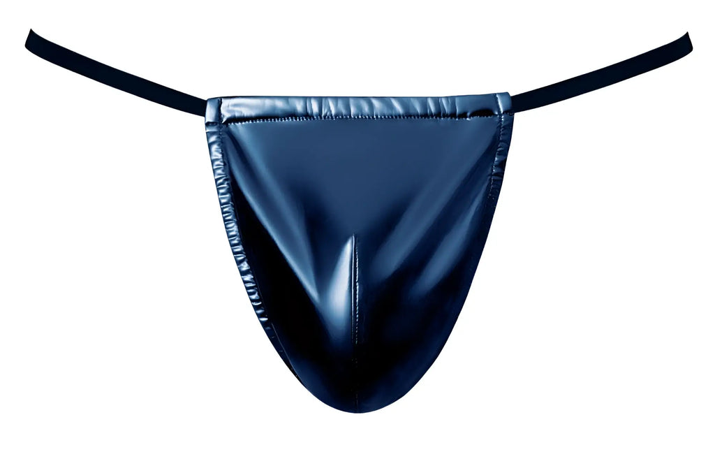 Male power 450-301 liquid onyx 2.0 blue g-string in black patent leather with thin elastic straps visible from back side