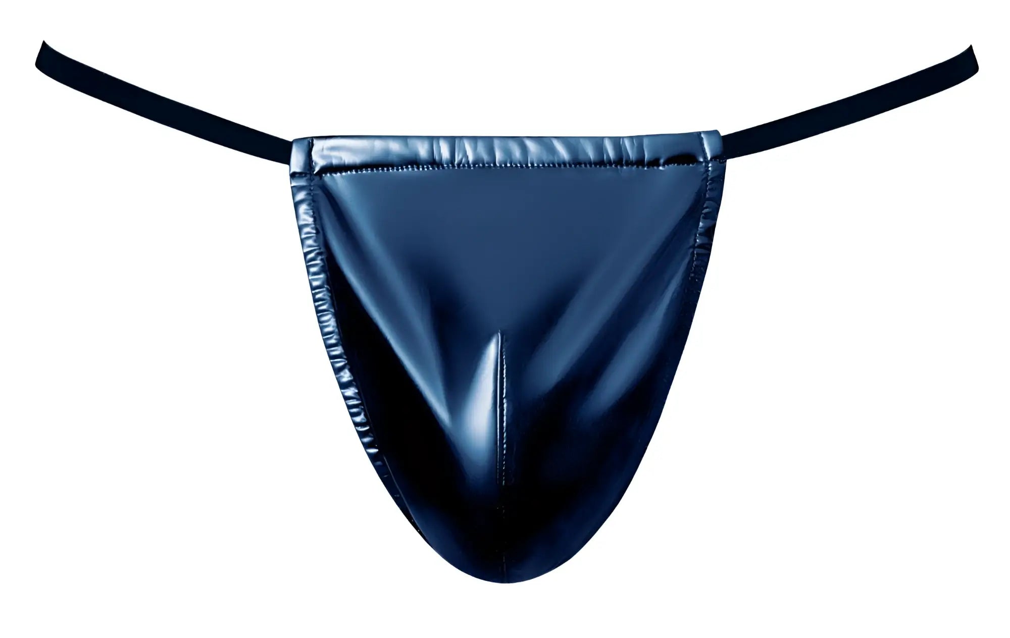Male power 450-301 liquid onyx 2.0 blue g-string in black patent leather with thin elastic straps visible from back side