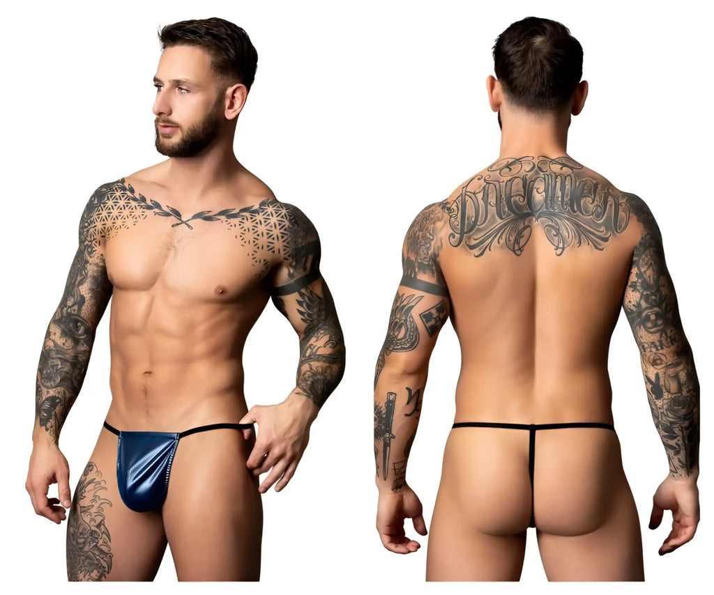 Blue metallic Male Power 450-301 Liquid Onyx 2.0 g-string with black trim thong for men