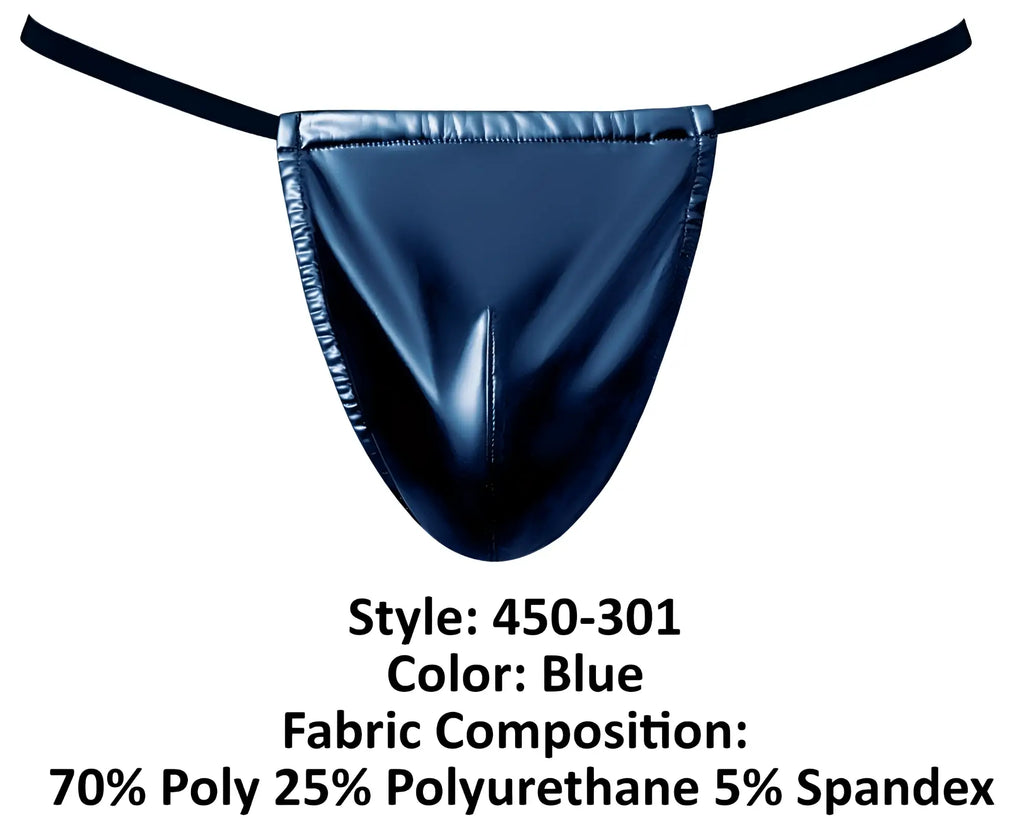 Blue shiny latex thong with black elastic straps from male power 450-301 liquid onyx 2.0 g-string is shown