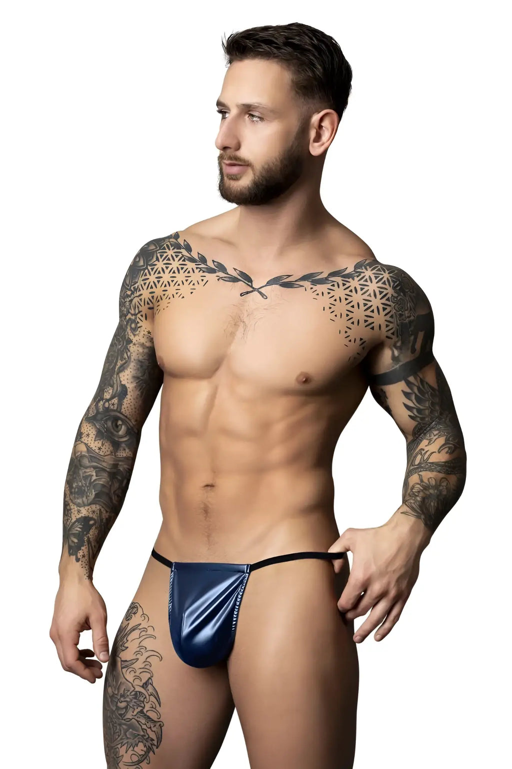 Male power 450-301 liquid onyx 2.0 blue shiny latex thong with black elastic waistband front view