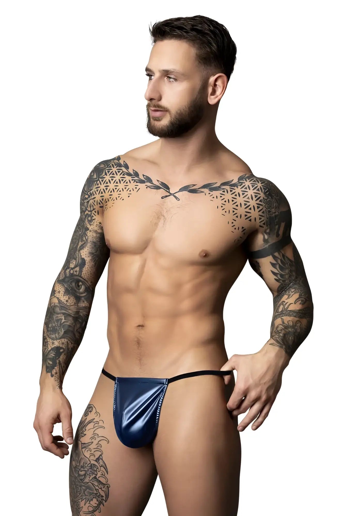 Male power 450-301 liquid onyx 2.0 blue shiny latex thong with black elastic waistband front view