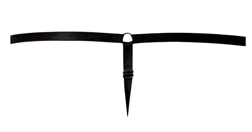 Black leather thong belt with sharp pointed tip and silver metal ring from male power 451-295 go wild g-string
