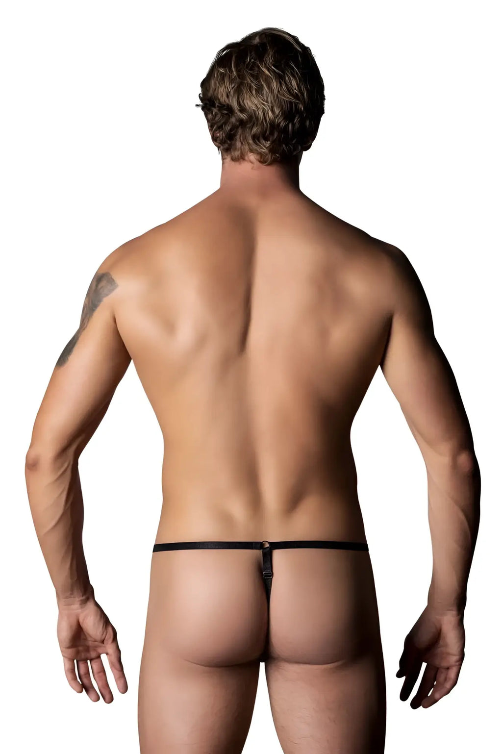 Back side of black male power 451-295 go wild adjustable g-string with small metallic clasp and printed color design