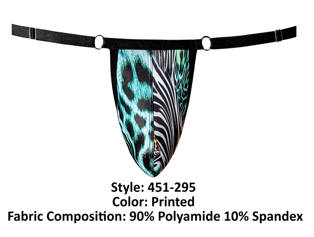 Male power 451-295 go wild adjustable g-string men’s thong with teal leopard and black-and-white zebra prints held by black straps