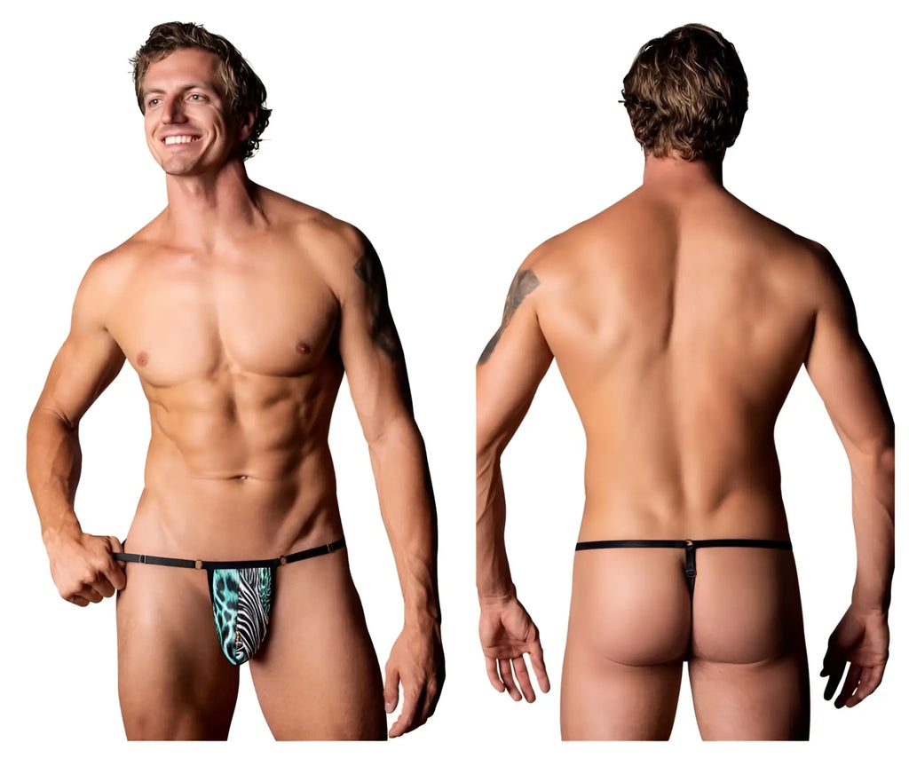 Male power 451-295 go wild adjustable g-string teal and black patterned thong with thin elastic waistband