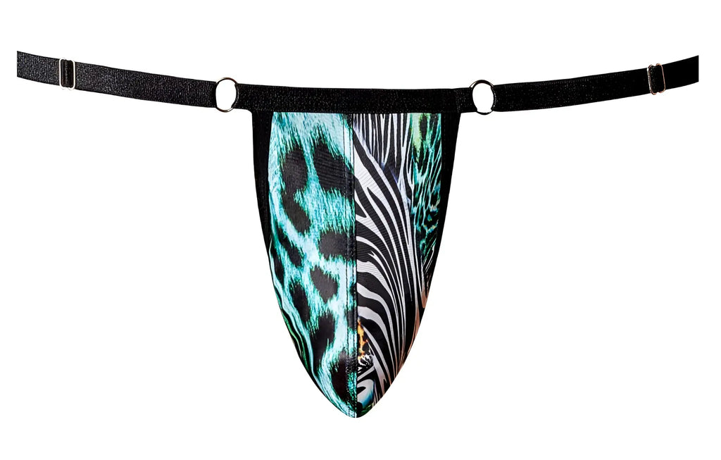 Male power 451-295 go wild men’s adjustable g-string thong with teal black leopard print and zebra stripes