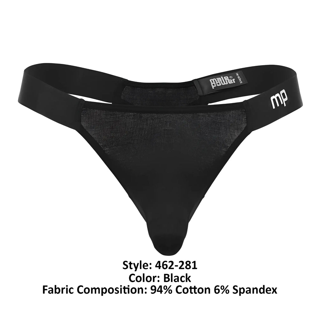 Black men’s thong with mesh panel elastic waistband and mp logo side black male power 462-281 easy breezy thong