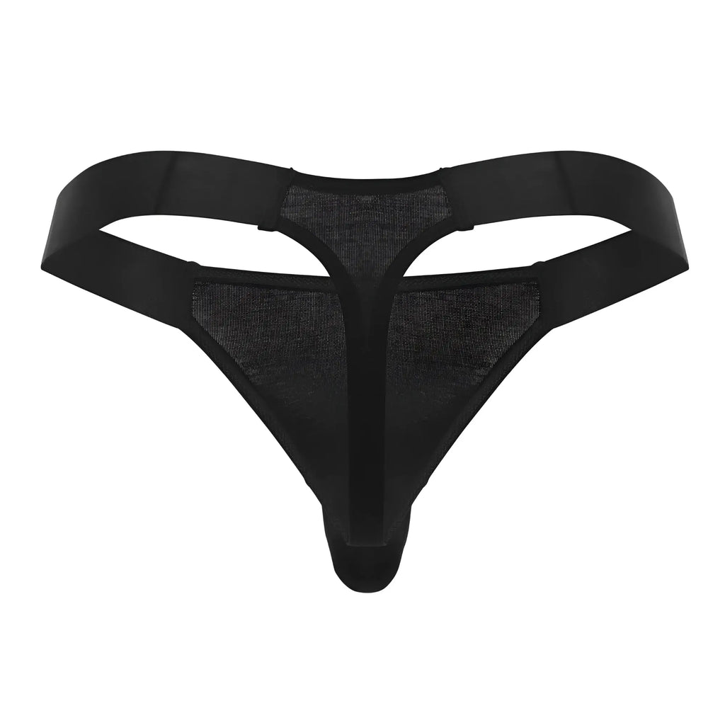 Male power 462-281 easy breezy thong in black mesh with solid elastic straps showing the front side