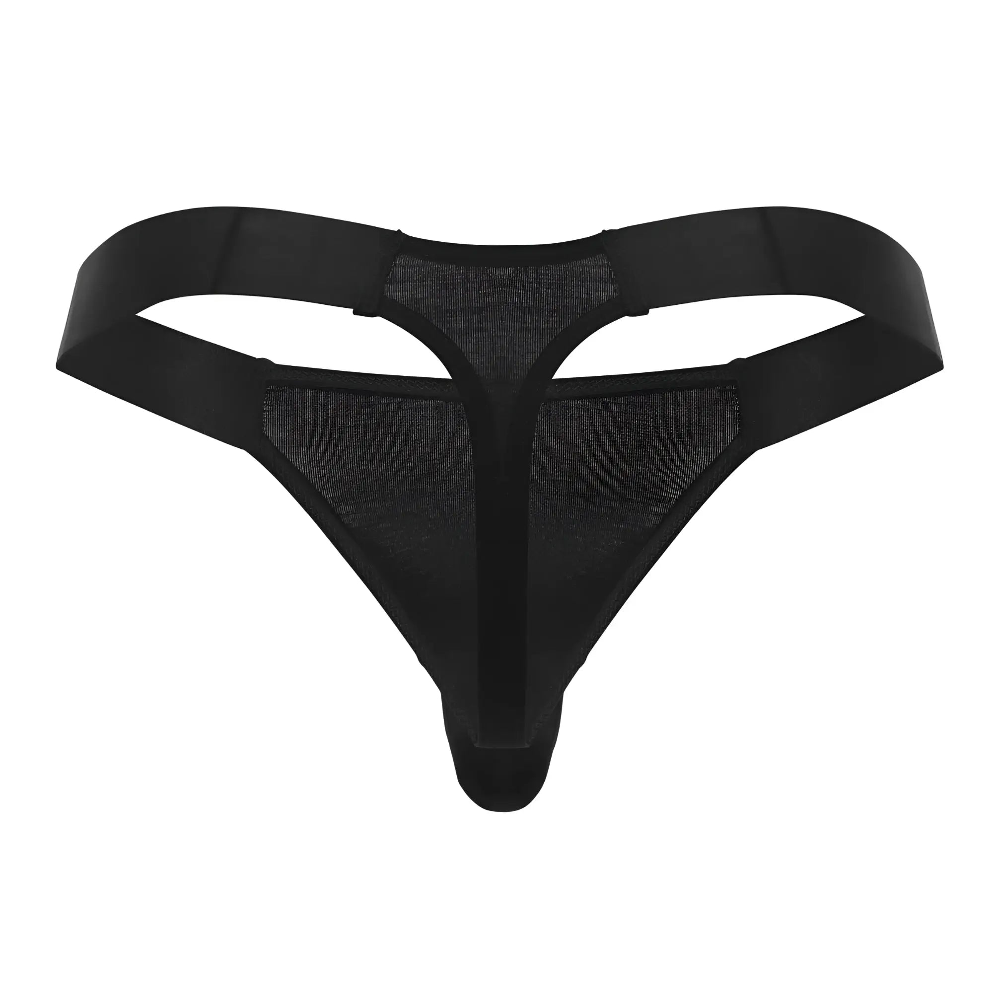 Male power 462-281 easy breezy thong in black mesh with solid elastic straps showing the front side