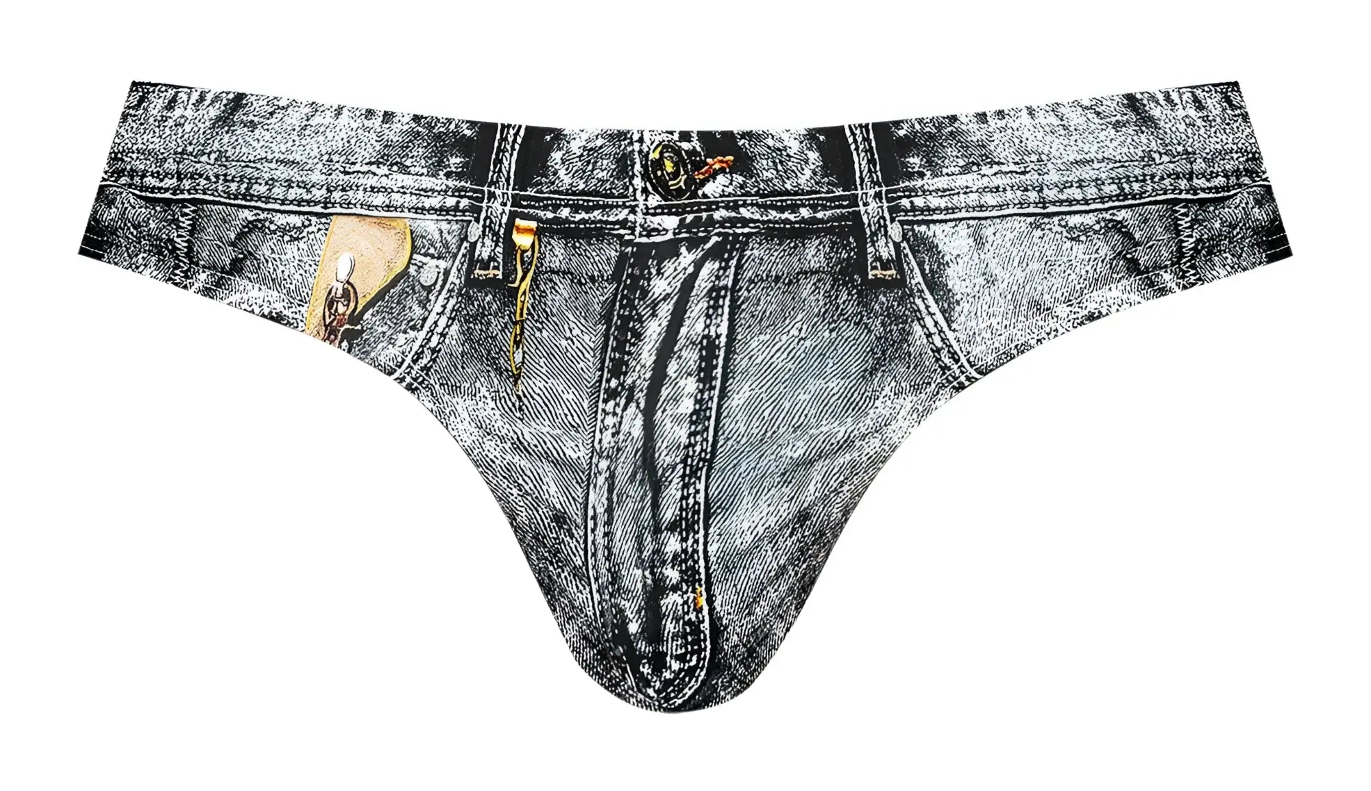 Black and white denim-patterned thong with faux leather patch and metallic hardware by male power color denim print