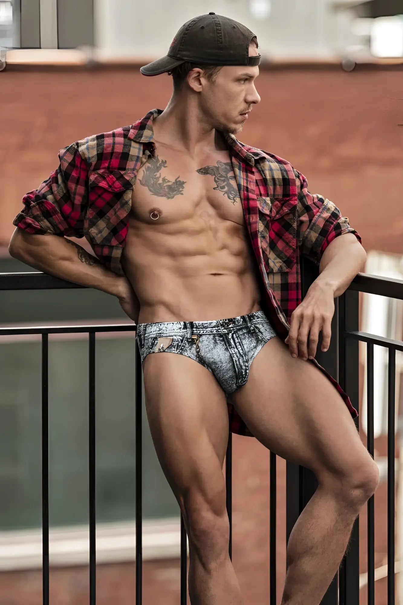 Blue and white distressed denim briefs for men featuring dirty denim print by male power
