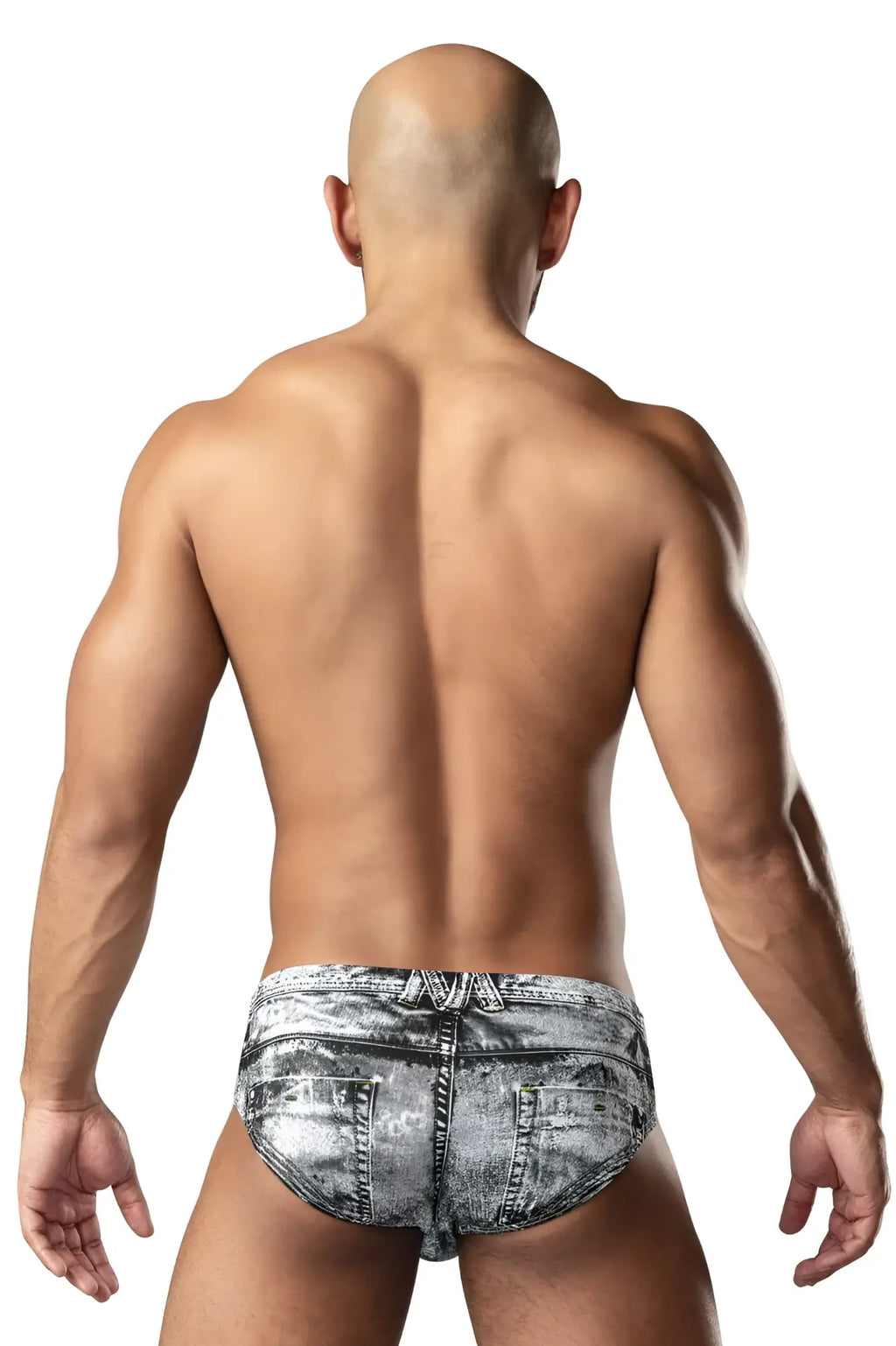 Distressed gray denim briefs with dirty denim print by male power in a bikini style