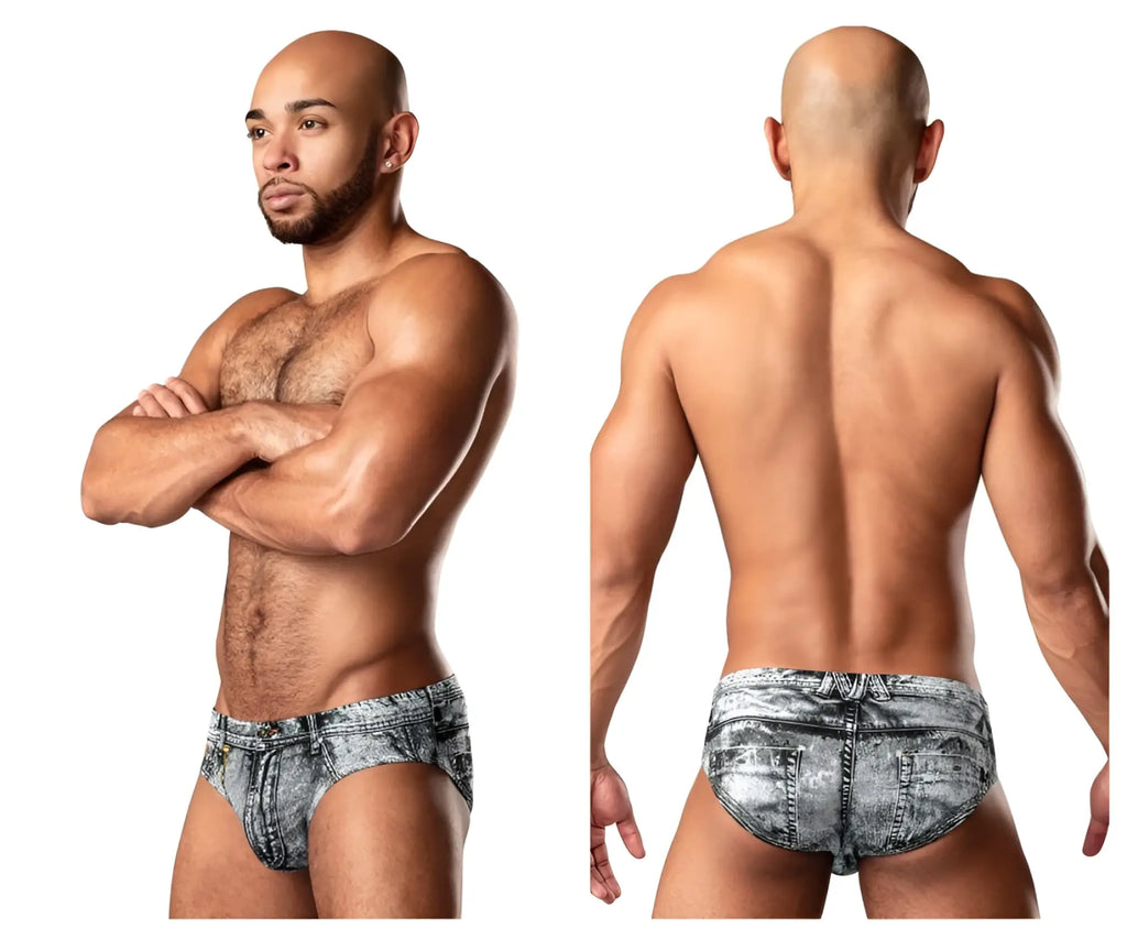 Gray and white distressed denim briefs with classic back pocket design shown from the back in male Power 486-286 print