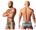 Gray and white distressed denim briefs with classic back pocket design shown from the back in male Power 486-286 print